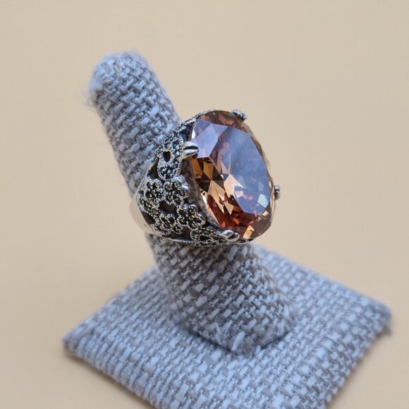 Size 6.75 Sterling Silver Very Large Cubic Zirconia And Marcasite's Ring A5419 - Picture 3 of 10